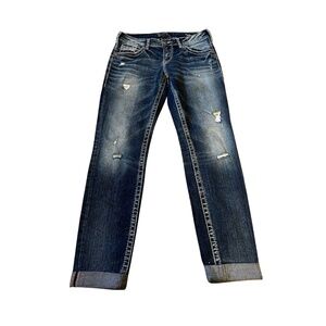 Silver Jean, Boyfriend Cut, Fluid, Distressed, Size 10-12, Straight Jean